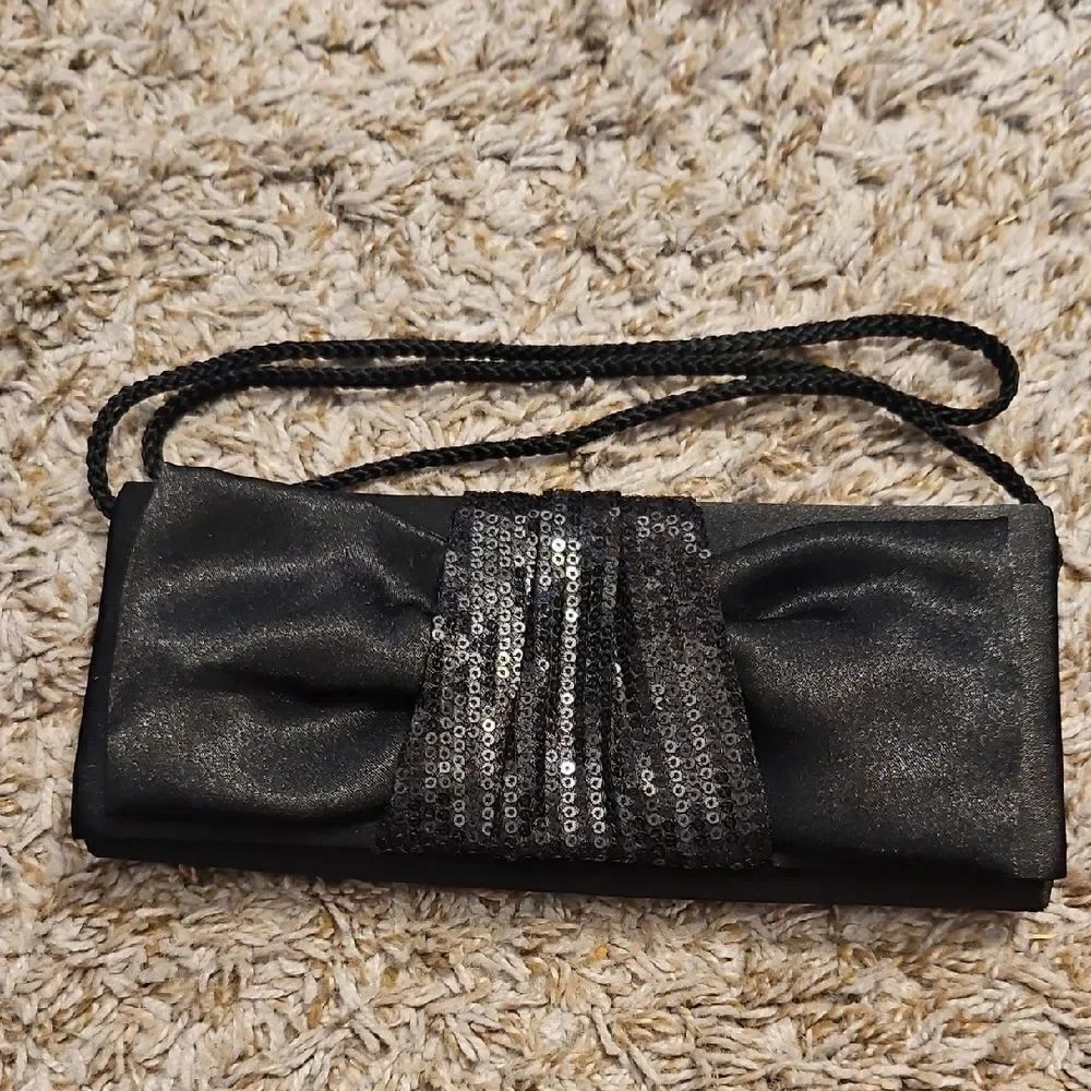 Jessica McClintock Black Satin Sequin Clutch Evening Bag